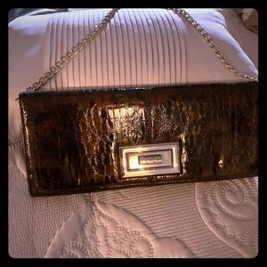 Large brown clutch with silver buckle.